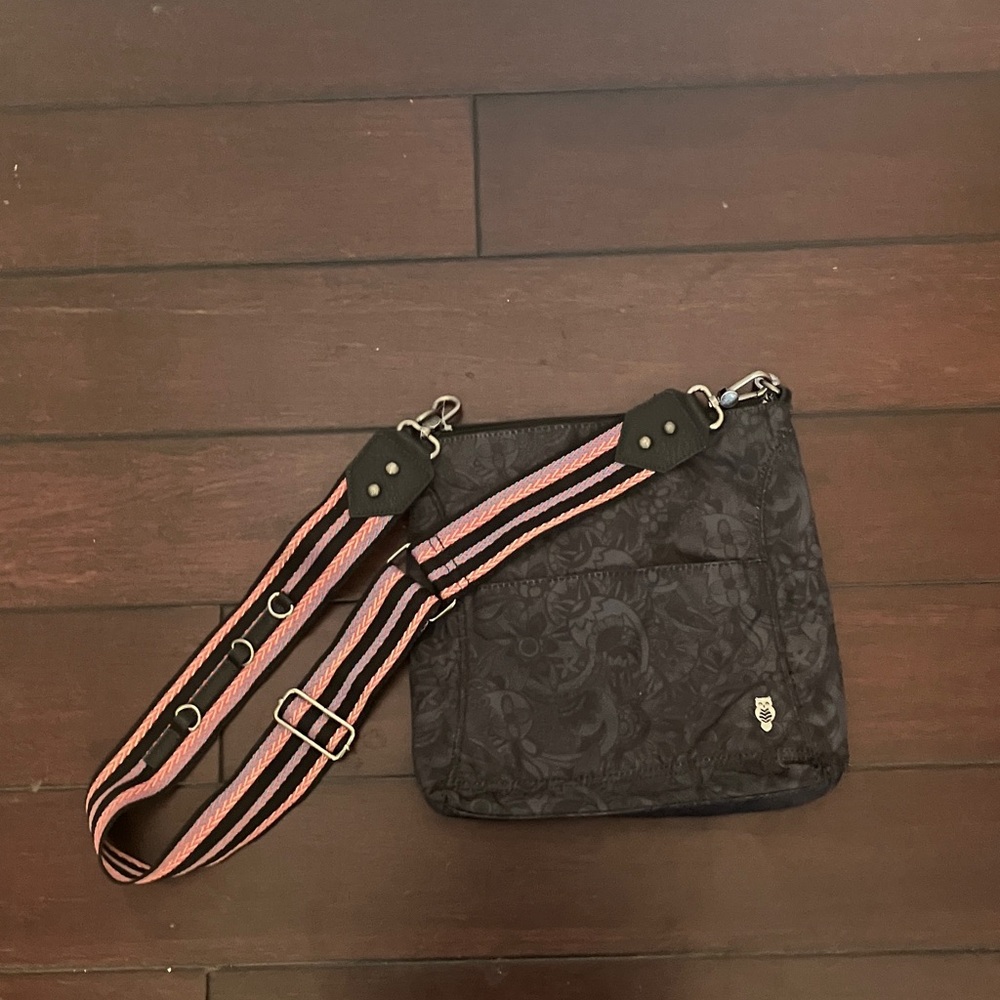 Sakroots Black and Pink Floral Crossbody Bag